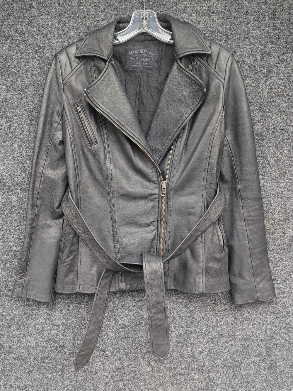 Allsaints Leather Jacket Womens Size 10 Black Belted Biker Moto Racer Zip Cuffs